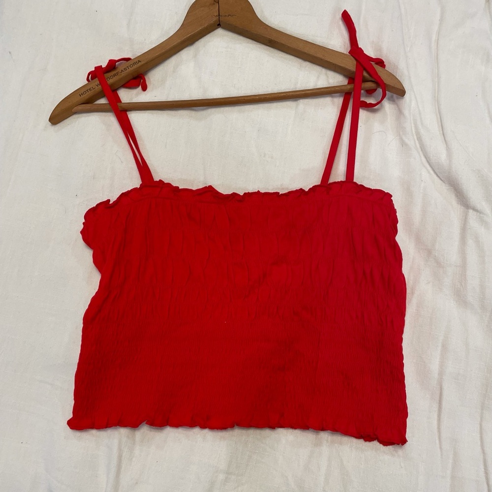 Red cropped tank with tie shoulder straps